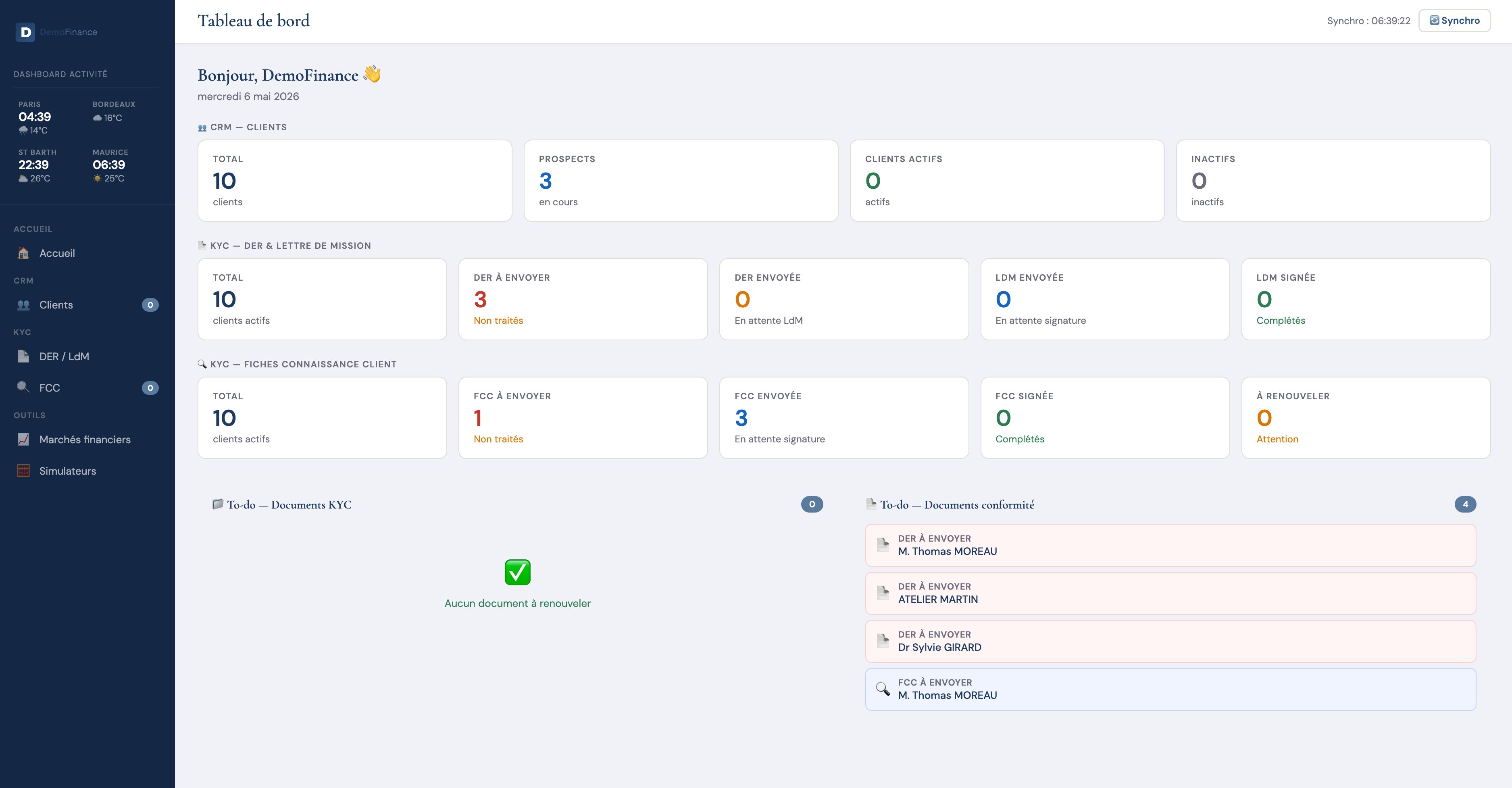 Tableau de bord — activité, KYC, conformité
